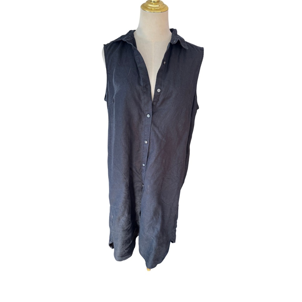 Pure Navy 100%‎ Linen Sleeveless Button Down Midi Shirt Dress Black Large